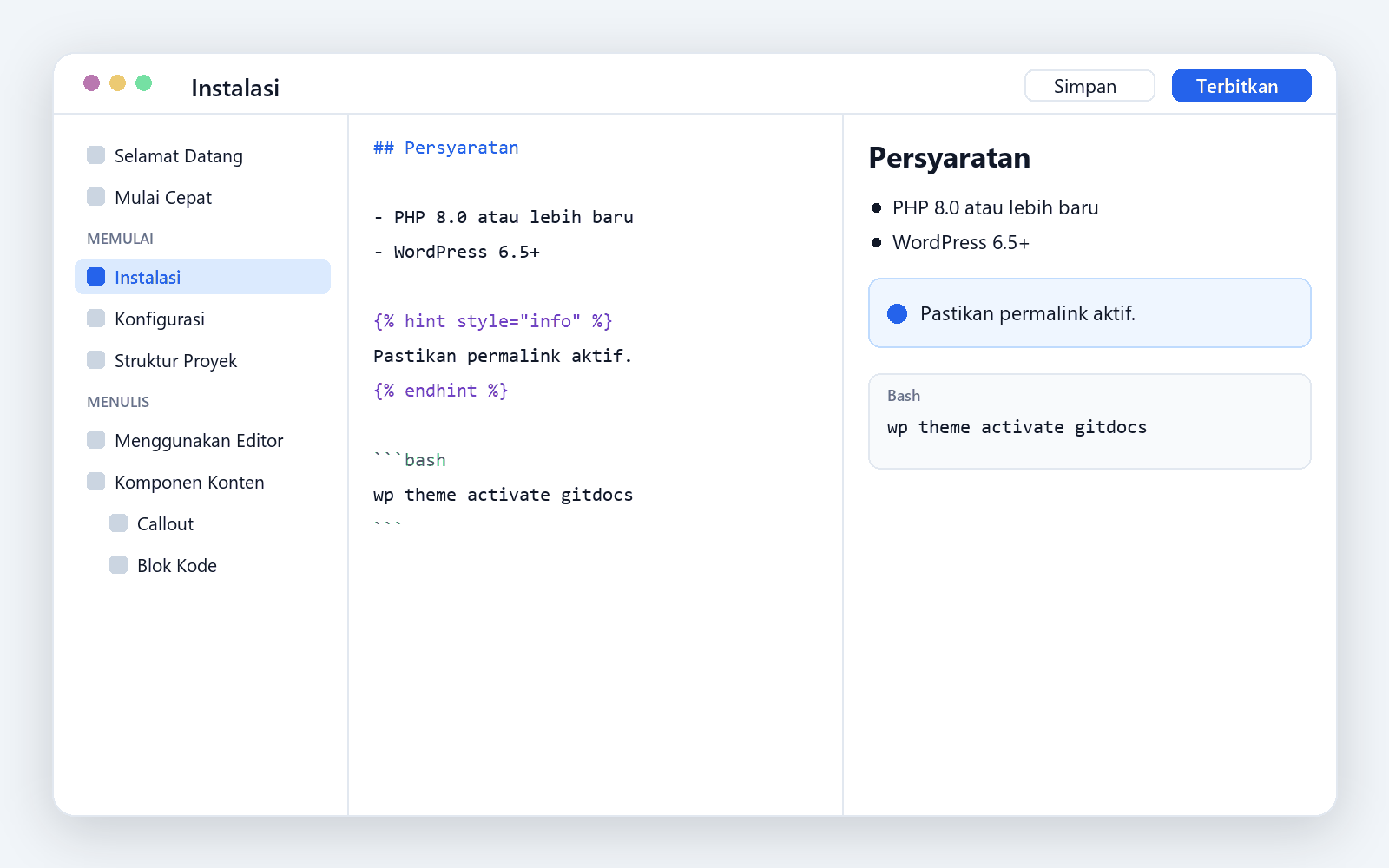 Tampilan editor GitDocs